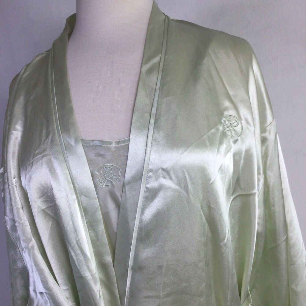 Oscar De La Renta Womens Logo Belted Satin Robe With Gown Set Green Size XL - Picture 2 of 16